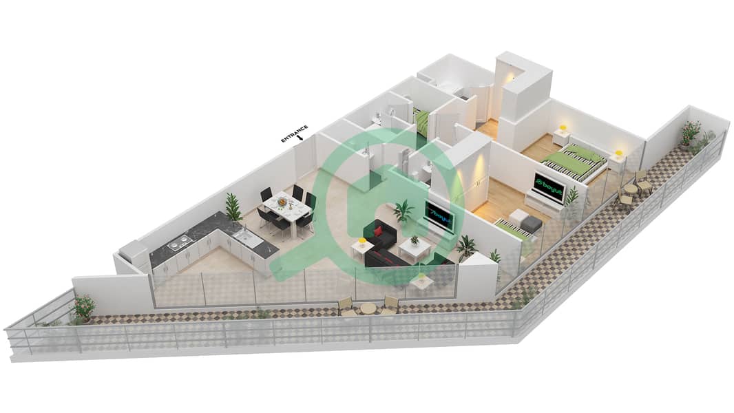 Парк Вью - Апартамент 2 Cпальни планировка Тип C interactive3D
