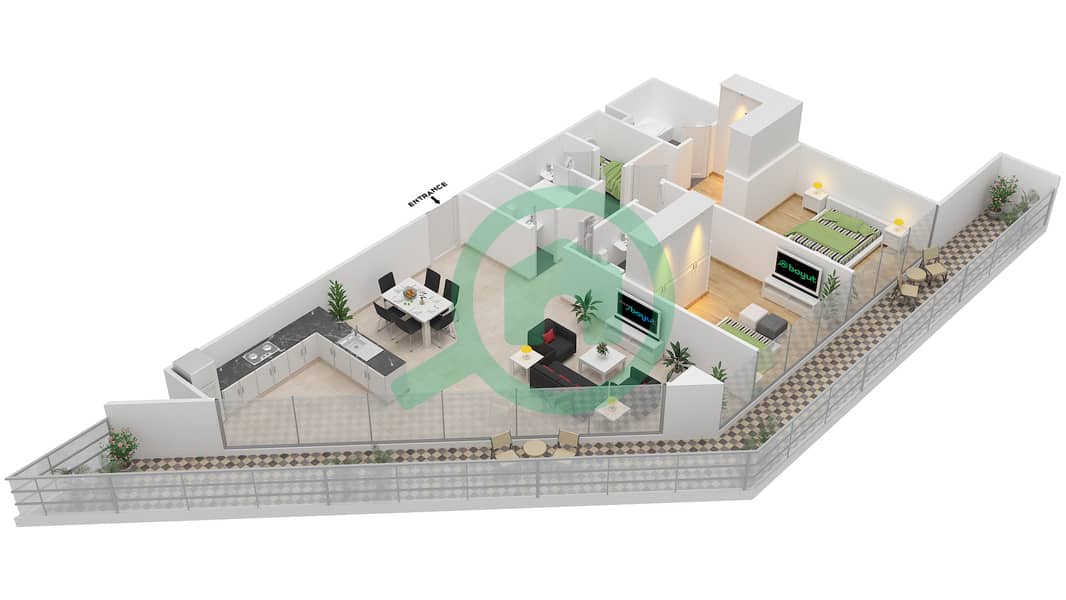 المخططات الطابقية لتصميم النموذج C شقة 2 غرفة نوم - بارك فيو interactive3D