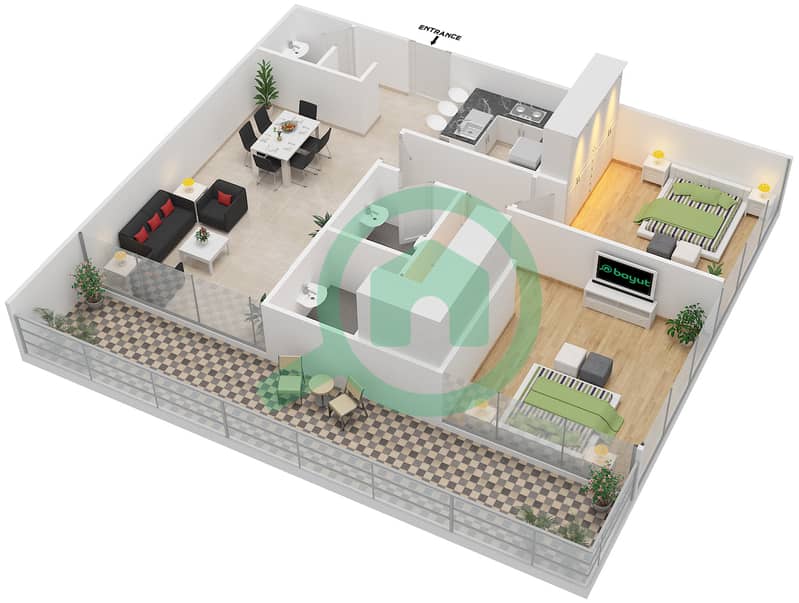公园景致公寓 - 2 卧室公寓类型D戶型图 interactive3D