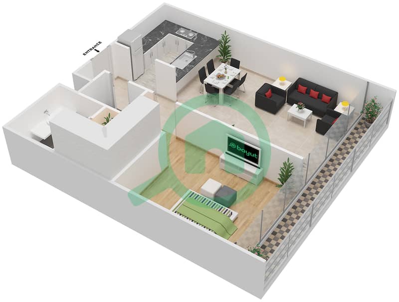 المخططات الطابقية لتصميم النموذج E شقة 1 غرفة نوم - بارك فيو interactive3D