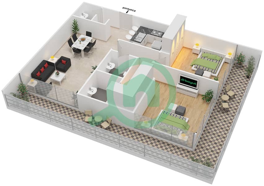 公园景致公寓 - 2 卧室公寓类型E戶型图 interactive3D