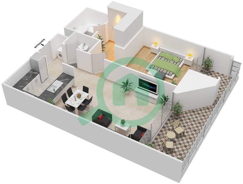 المخططات الطابقية لتصميم النموذج F شقة 1 غرفة نوم - بارك فيو interactive3D