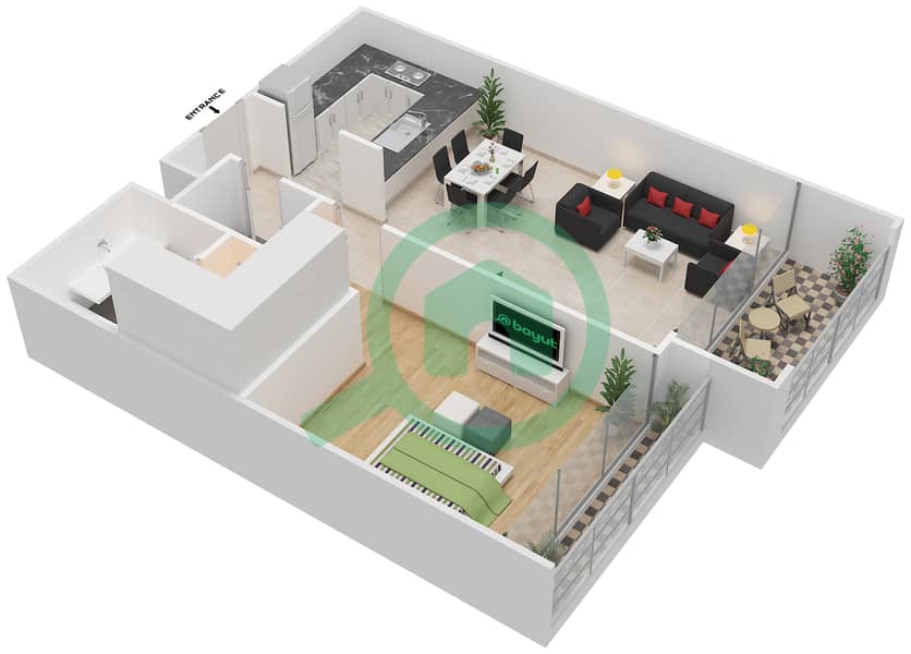 公园景致公寓 - 1 卧室公寓类型I戶型图 interactive3D