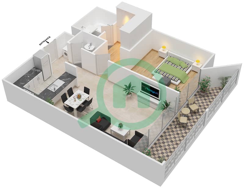 Park View - 1 Bedroom Apartment Type J Floor plan interactive3D