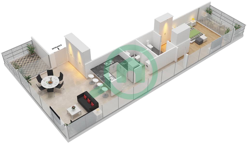 المخططات الطابقية لتصميم النموذج H شقة 1 غرفة نوم - بارك فيو interactive3D