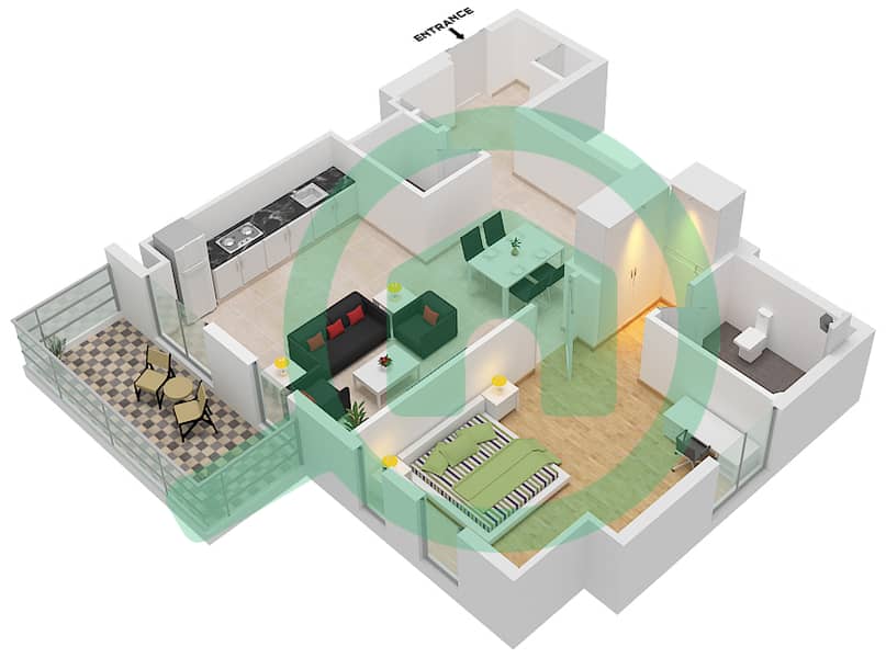 Нур 5 - Апартамент 1 Спальня планировка Тип G Floor 2-4 interactive3D