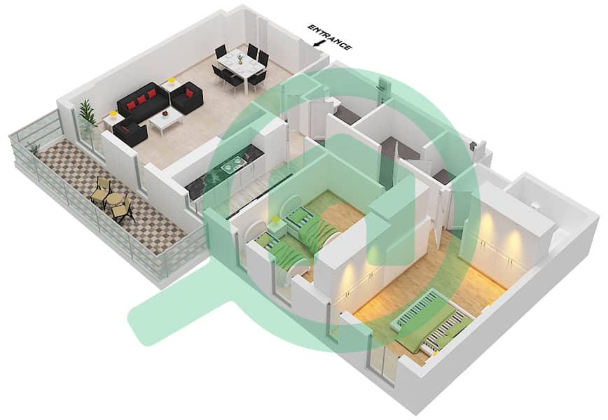 المخططات الطابقية لتصميم النموذج B1 شقة 2 غرفة نوم - نور 5 Floor 1-7 interactive3D