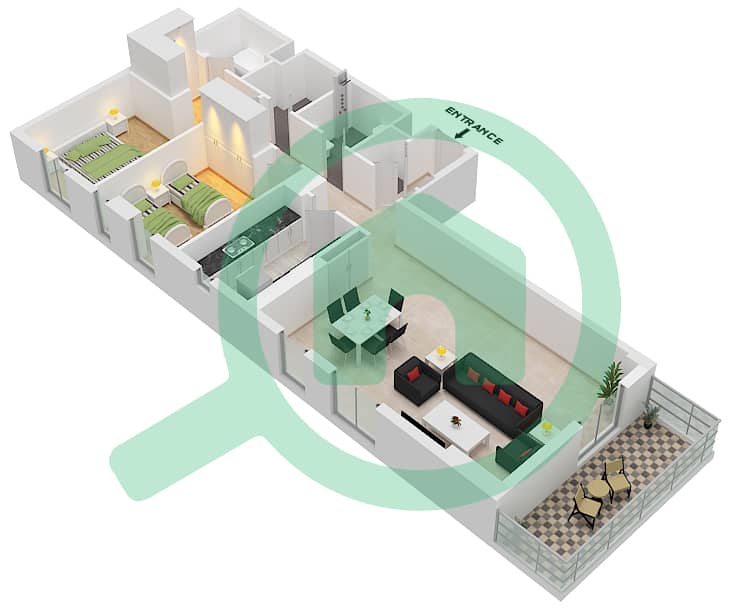 المخططات الطابقية لتصميم النموذج C شقة 2 غرفة نوم - نور 5 Floor 2-4 interactive3D