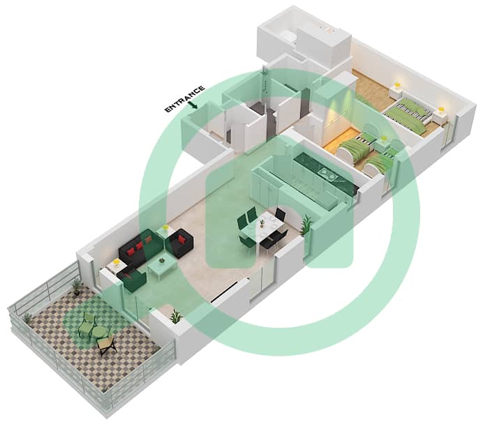 Нур 5 - Апартамент 2 Cпальни планировка Тип E Floor 1 interactive3D