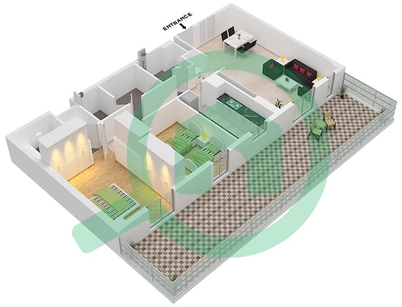 Нур 5 - Апартамент 2 Cпальни планировка Тип F Floor 1 interactive3D