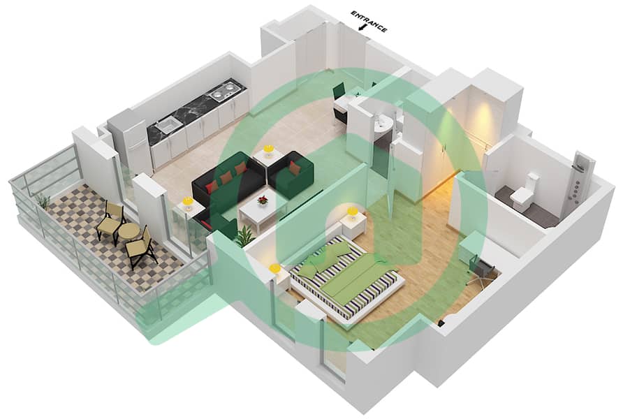 Нур 6 - Апартамент 1 Спальня планировка Тип H Floor 1,5-7 interactive3D