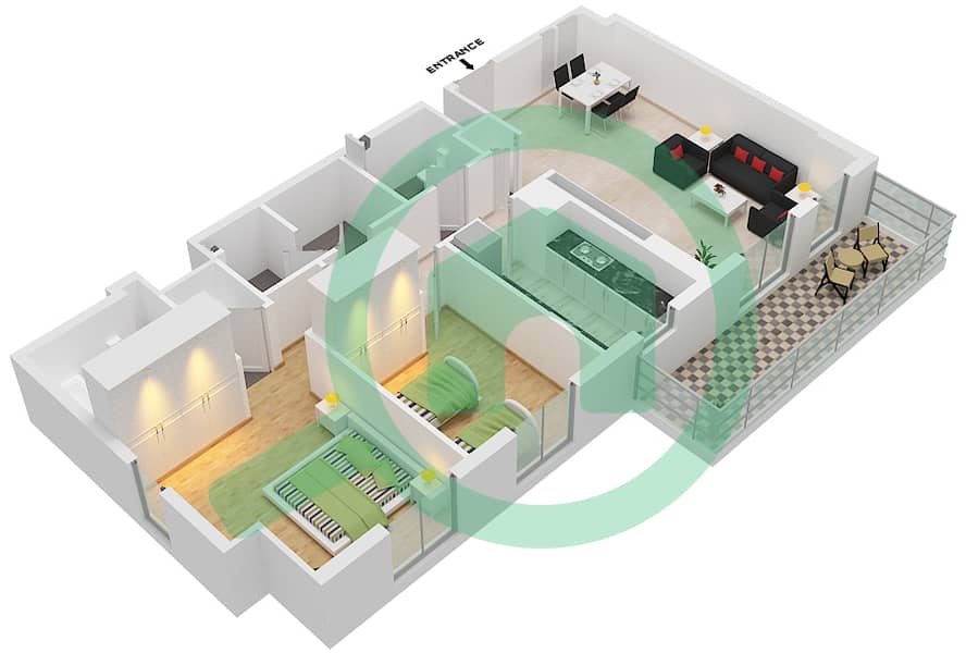 Нур 6 - Апартамент 2 Cпальни планировка Тип B Floor 1-7 interactive3D