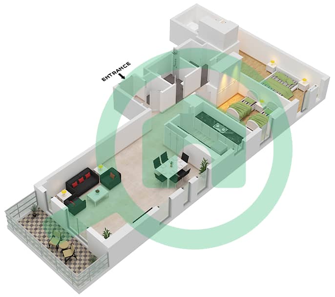 Нур 6 - Апартамент 2 Cпальни планировка Тип D Floor 2-4 interactive3D