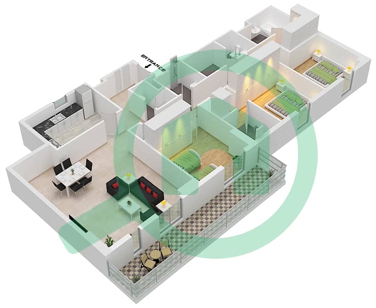 Нур 6 - Апартамент 3 Cпальни планировка Тип A Floor 5-7 interactive3D