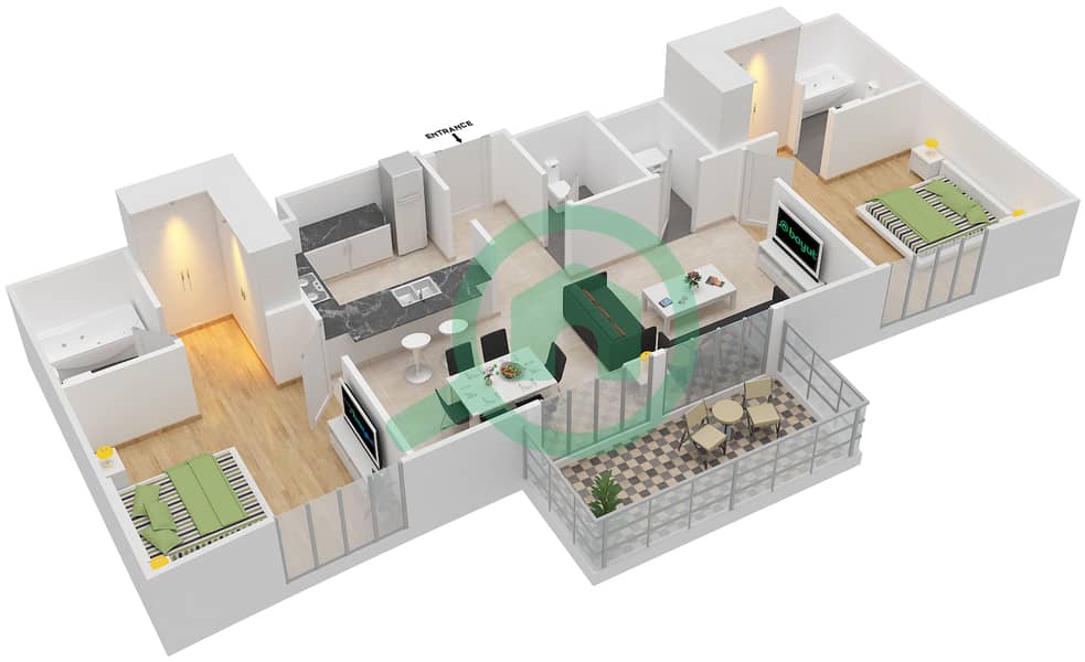 Арно Тауэр А - Апартамент 2 Cпальни планировка Гарнитур, анфилиада комнат, апартаменты, подходящий 3 Floor 1-5 interactive3D