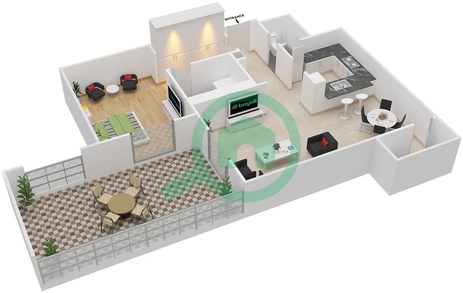 Арно Тауэр А - Апартамент 1 Спальня планировка Гарнитур, анфилиада комнат, апартаменты, подходящий G15,G18,G23,G26 Ground Floor interactive3D