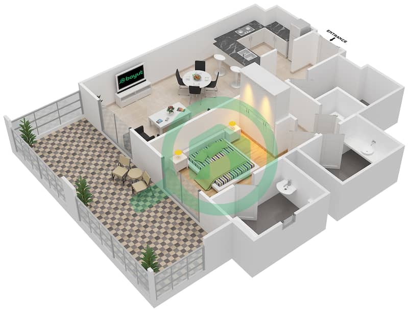 Арно Тауэр А - Апартамент 1 Спальня планировка Гарнитур, анфилиада комнат, апартаменты, подходящий G06-G35 Ground Floor interactive3D