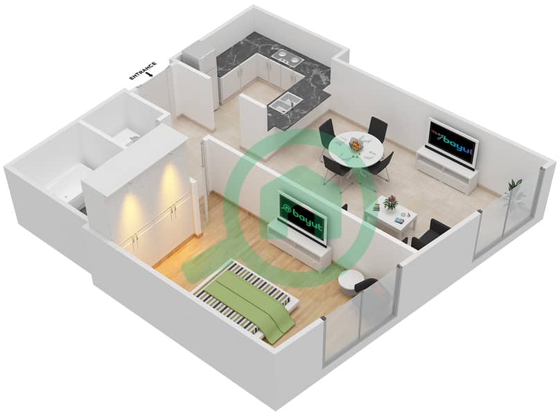 المخططات الطابقية لتصميم التصميم G01,G05 شقة 1 غرفة نوم - برج ارنو A Ground Floor interactive3D