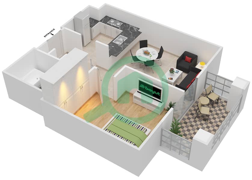 Арно Тауэр А - Апартамент 1 Спальня планировка Гарнитур, анфилиада комнат, апартаменты, подходящий 7,34 Floor 1-4 interactive3D