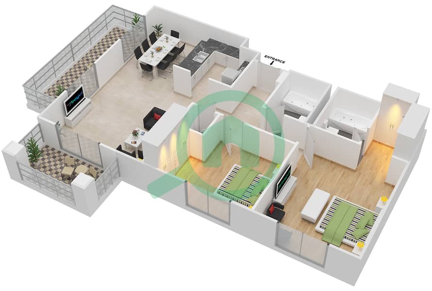 阿诺大厦A座 - 2 卧室公寓套房12,13,20,21,28,29戶型图 Floor 1 interactive3D