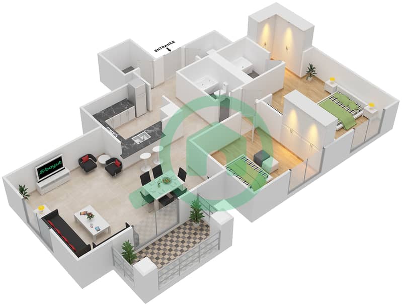Арно Тауэр А - Апартамент 2 Cпальни планировка Гарнитур, анфилиада комнат, апартаменты, подходящий 9 Floor 1-2 interactive3D