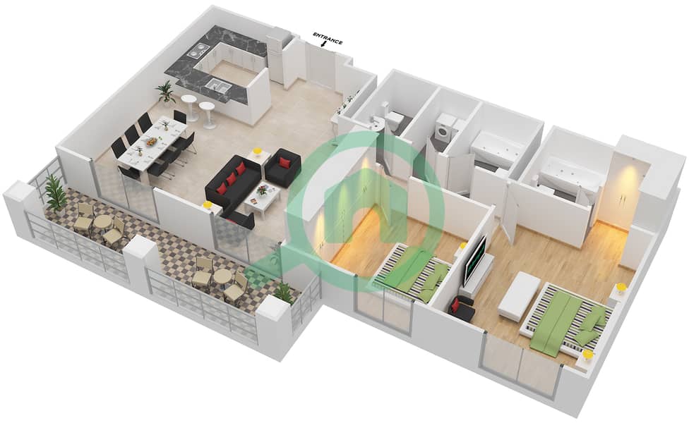 阿诺大厦A座 - 2 卧室公寓套房11,30戶型图 interactive3D