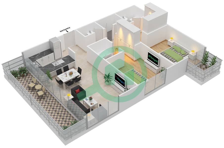 المخططات الطابقية لتصميم النموذج I شقة 2 غرفة نوم - سوهو سكوير interactive3D
