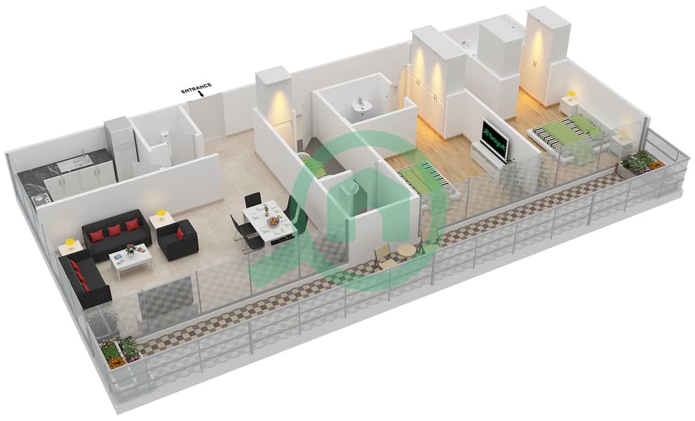 المخططات الطابقية لتصميم النموذج H شقة 2 غرفة نوم - سوهو سكوير interactive3D