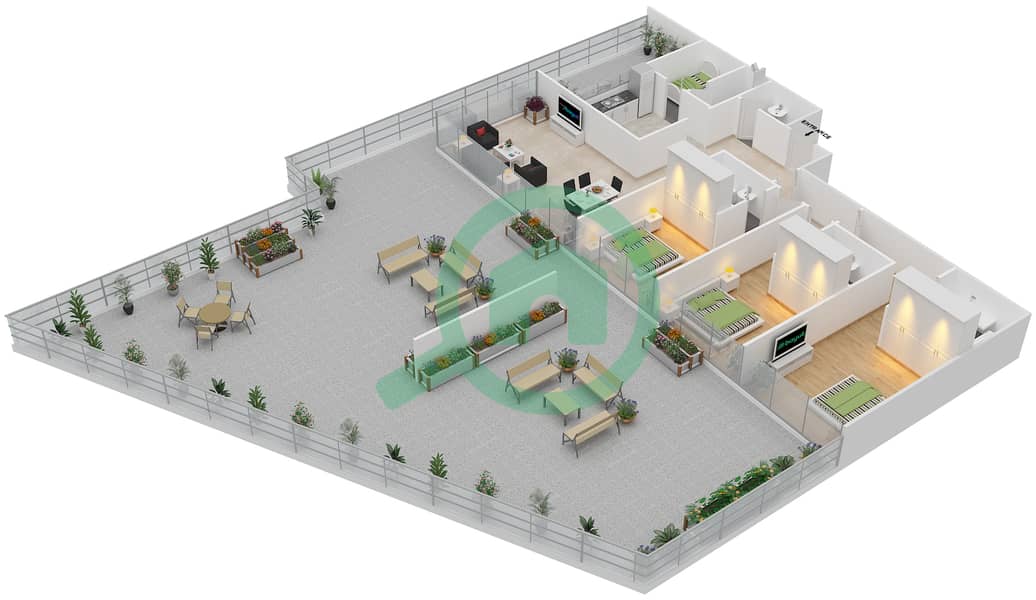 المخططات الطابقية لتصميم النموذج G شقة 3 غرف نوم - سوهو سكوير interactive3D