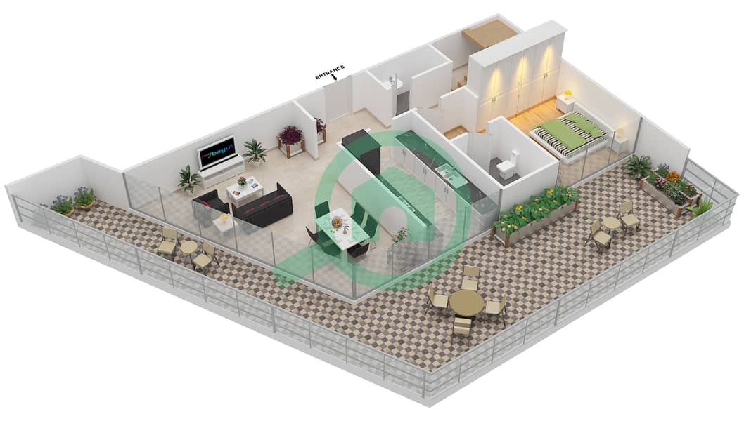 المخططات الطابقية لتصميم النموذج B شقة 3 غرف نوم - سوهو سكوير Lower Floor interactive3D