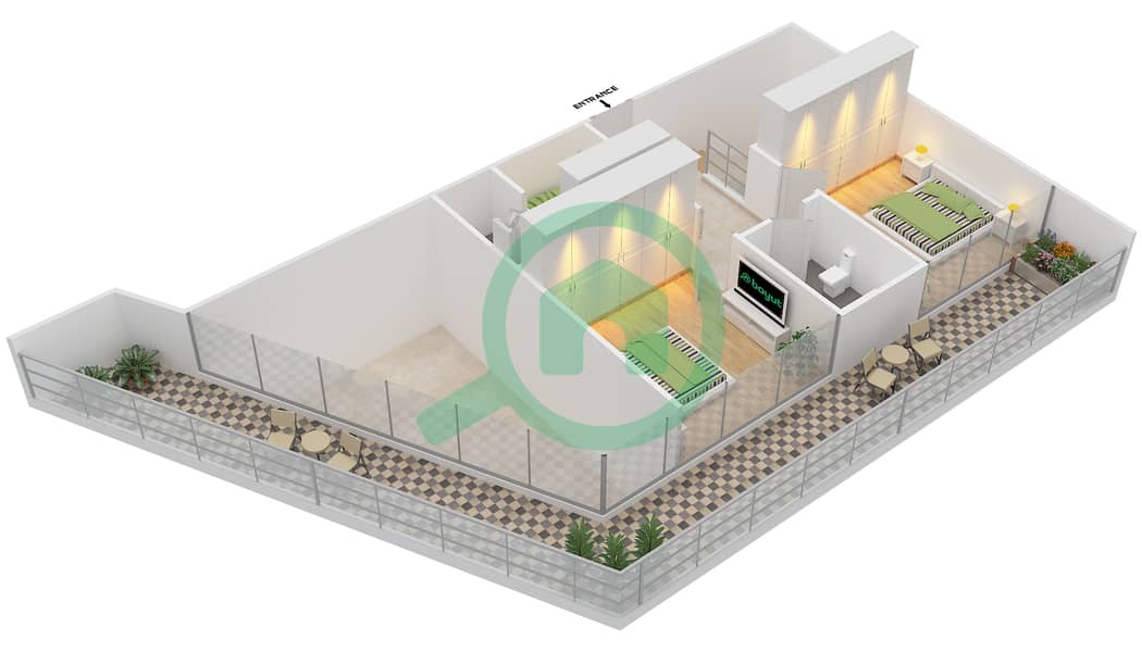 المخططات الطابقية لتصميم النموذج B شقة 3 غرف نوم - سوهو سكوير Upper Floor interactive3D