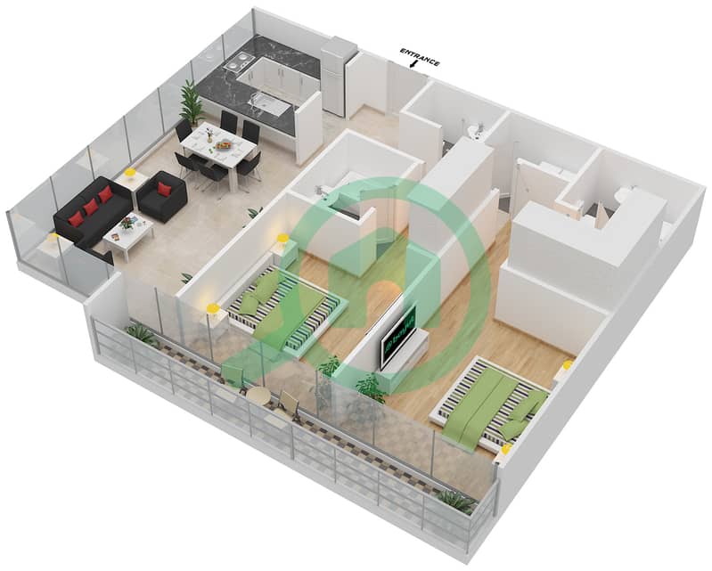 المخططات الطابقية لتصميم النموذج B شقة 2 غرفة نوم - سوهو سكوير interactive3D