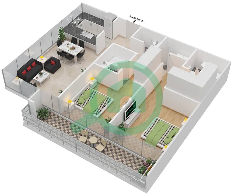 المخططات الطابقية لتصميم النموذج C شقة 2 غرفة نوم - سوهو سكوير interactive3D