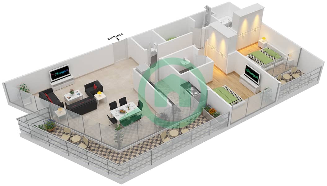 المخططات الطابقية لتصميم النموذج E شقة 2 غرفة نوم - سوهو سكوير interactive3D
