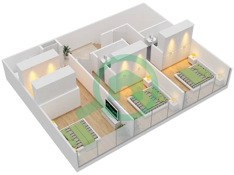 المخططات الطابقية لتصميم النموذج E شقة 3 غرف نوم - سوهو سكوير Lower Floor interactive3D