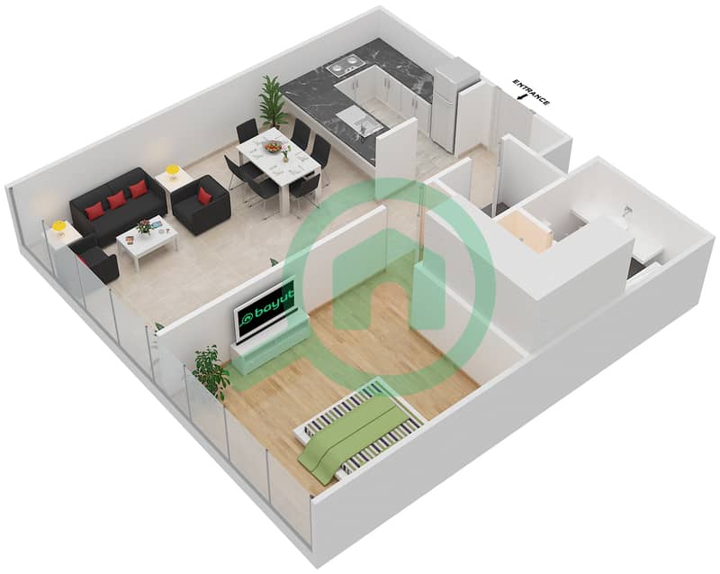 المخططات الطابقية لتصميم النموذج B شقة 1 غرفة نوم - سوهو سكوير interactive3D