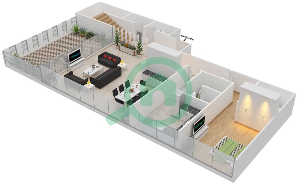 المخططات الطابقية لتصميم النموذج A DUPLEX شقة 4 غرف نوم - سوهو سكوير Lower Floor interactive3D