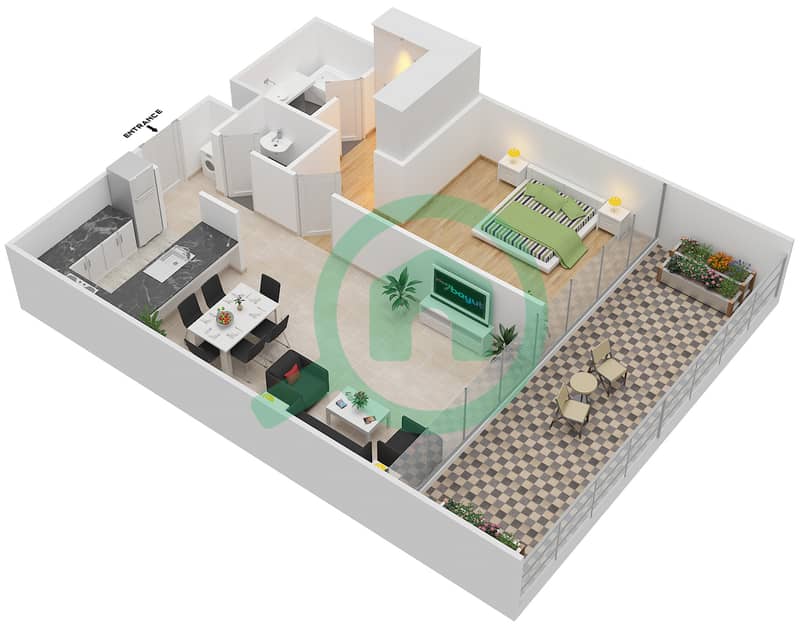 المخططات الطابقية لتصميم النموذج C شقة 1 غرفة نوم - سوهو سكوير interactive3D
