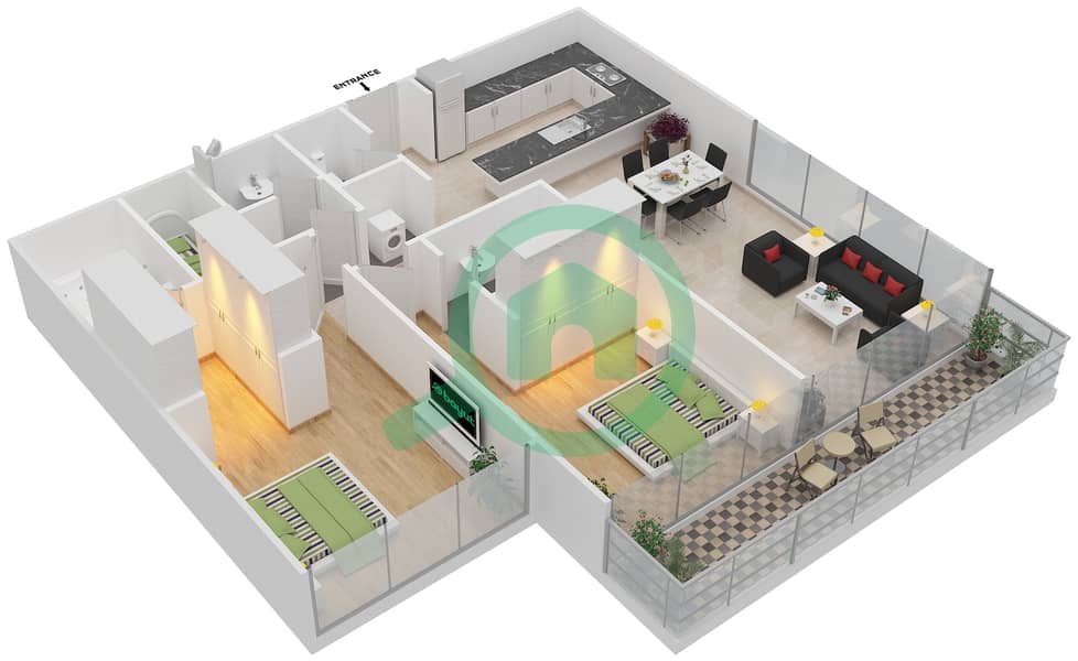 Сохо Сквер Резиденсиз - Апартамент 2 Cпальни планировка Тип F interactive3D