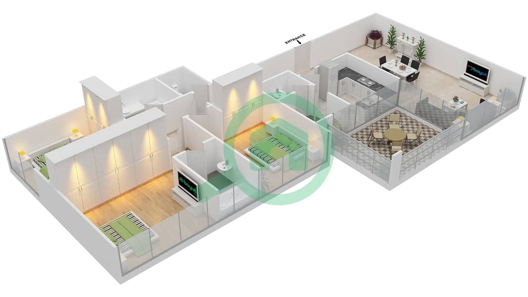 المخططات الطابقية لتصميم النموذج F شقة 3 غرف نوم - سوهو سكوير interactive3D