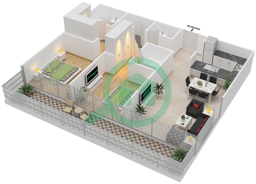 المخططات الطابقية لتصميم النموذج D شقة 2 غرفة نوم - سوهو سكوير interactive3D