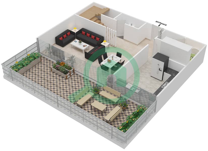 المخططات الطابقية لتصميم النموذج A DUPLEX شقة 3 غرف نوم - سوهو سكوير Lower Floor interactive3D
