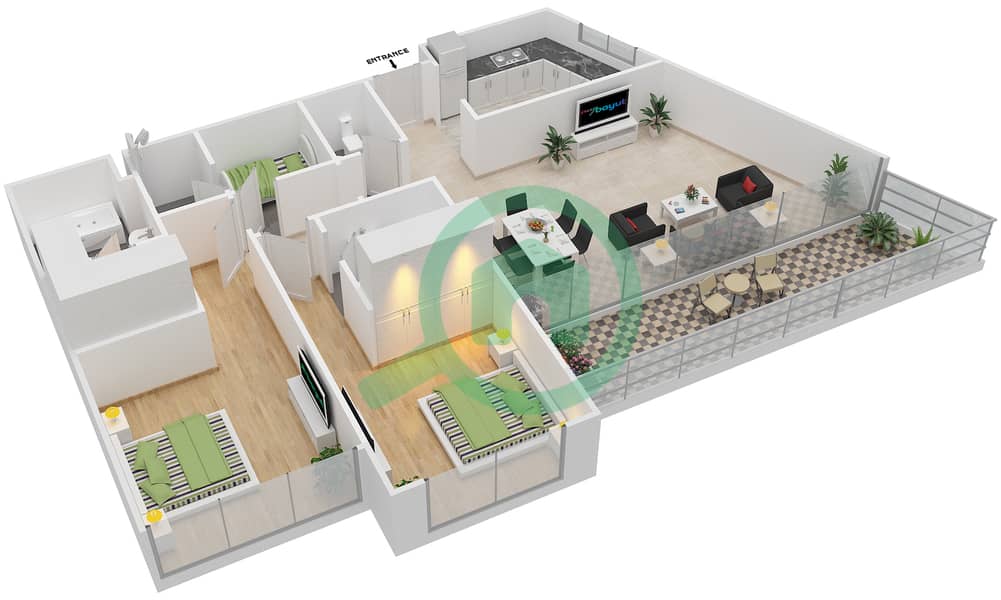المخططات الطابقية لتصميم النموذج A شقة 2 غرفة نوم - سوهو سكوير interactive3D