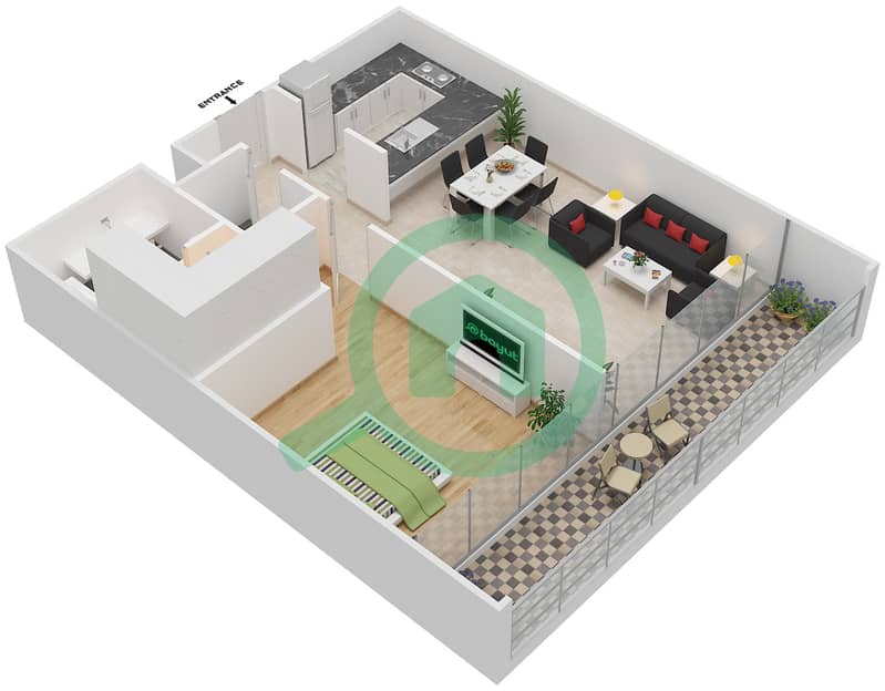 المخططات الطابقية لتصميم النموذج A شقة 1 غرفة نوم - سوهو سكوير interactive3D