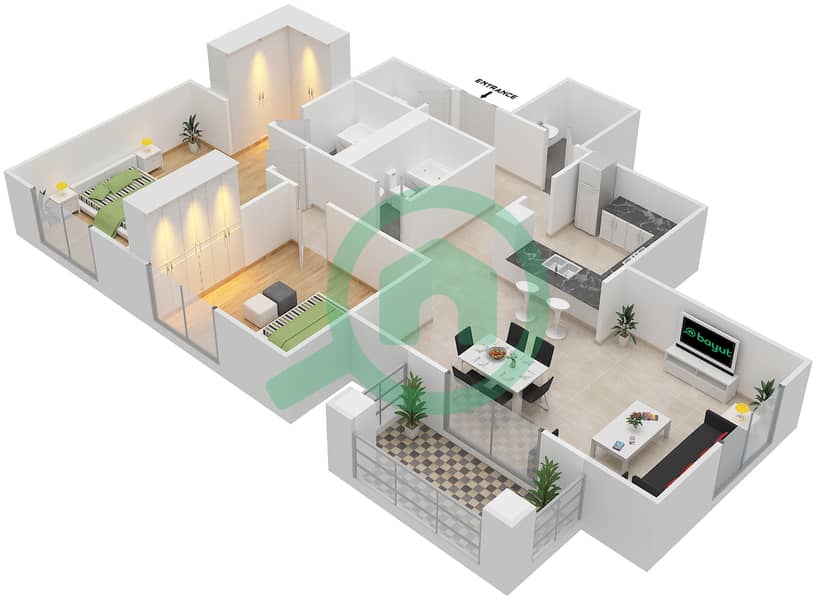 المخططات الطابقية لتصميم التصميم 32 شقة 2 غرفة نوم - برج ارنو A Floor 1-4 interactive3D