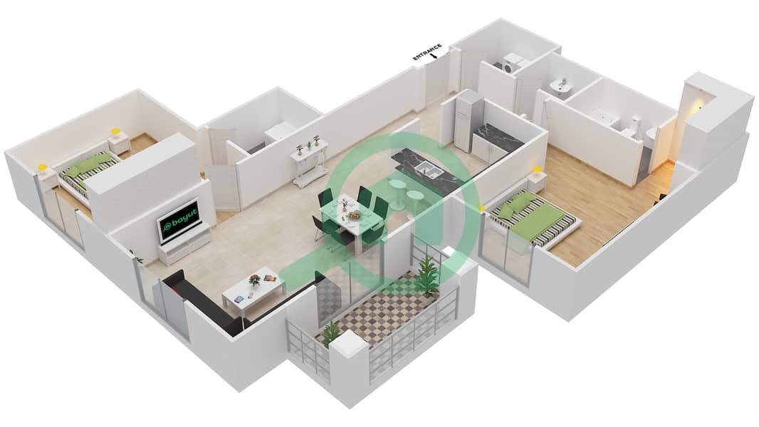 المخططات الطابقية لتصميم التصميم 31 شقة 2 غرفة نوم - برج ارنو A Floor 1-4 interactive3D