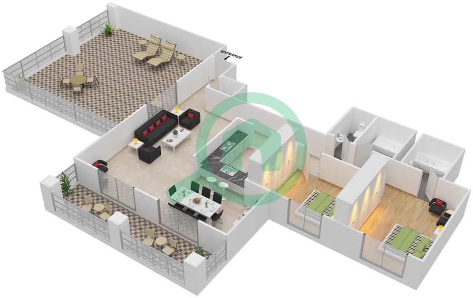 المخططات الطابقية لتصميم التصميم 27 شقة 2 غرفة نوم - برج ارنو A Floor 4 interactive3D