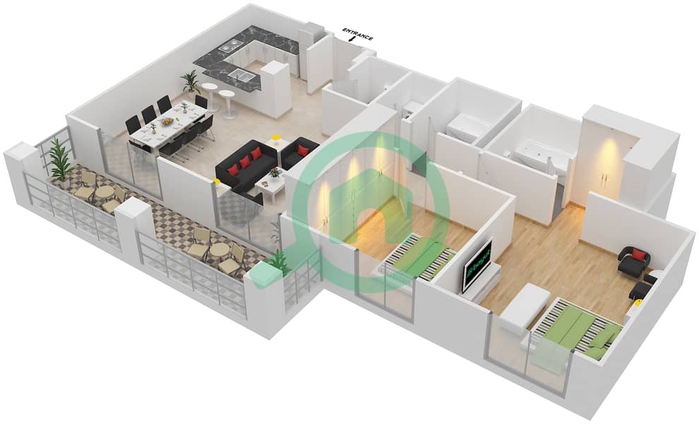 المخططات الطابقية لتصميم التصميم 19 شقة 2 غرفة نوم - برج ارنو A Floor 1-4 interactive3D