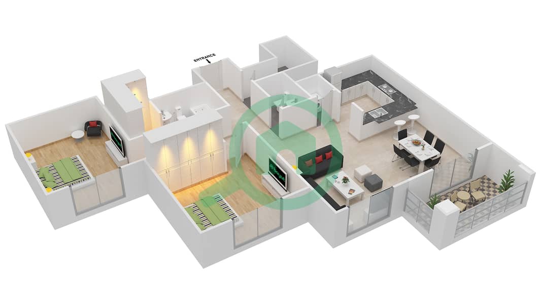 المخططات الطابقية لتصميم التصميم 17,24 شقة 2 غرفة نوم - برج ارنو A Floor 1-6 interactive3D