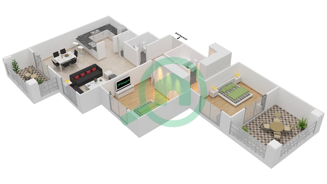 المخططات الطابقية لتصميم التصميم 16 شقة 2 غرفة نوم - برج ارنو A Floor 5-6 interactive3D